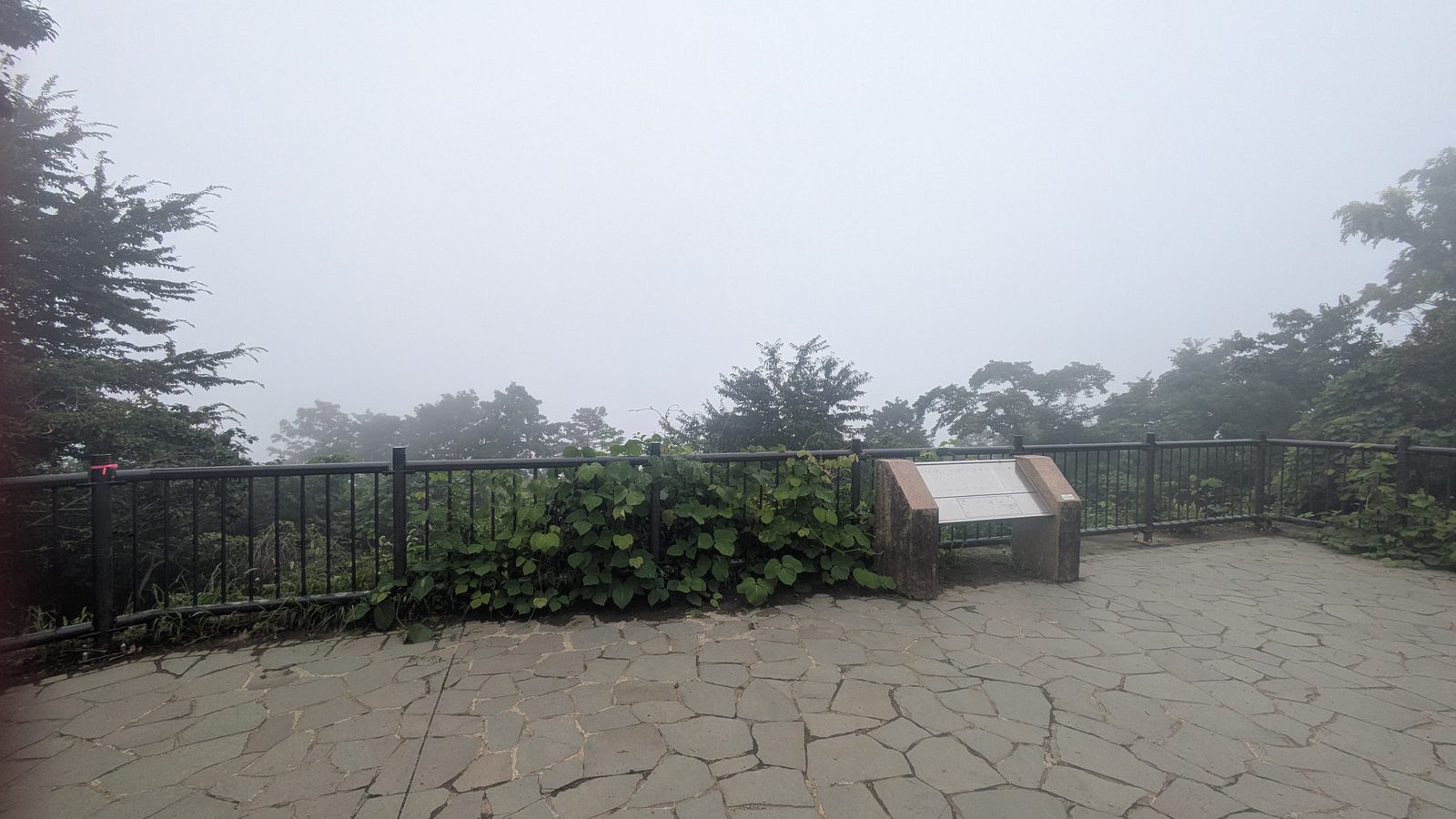 The Mount Fuji viewpoint at the summit filled entirely with white fog