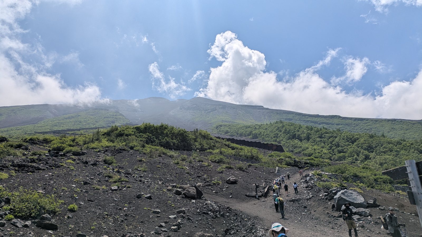A line of hikers on a wide gravel track below the summit of Mount Fuji