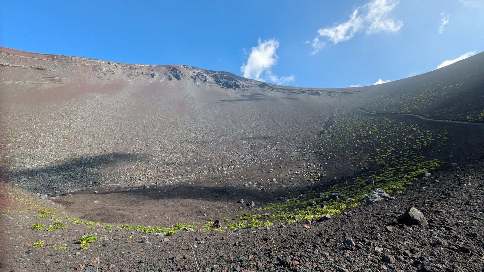The Hoei crater on the descent with sparse green in the gravel