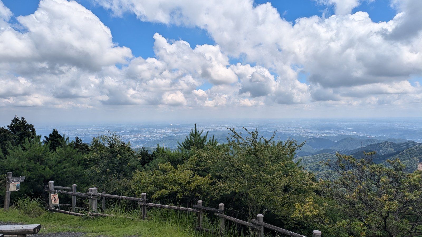 A wide view over the Kanto plain from a mountain summit with wooded ridges in the foreground and cumulus cloud above