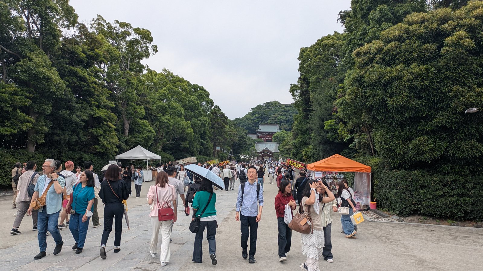 A wide flat approach lined with trees, crowded with people walking towards a shrine