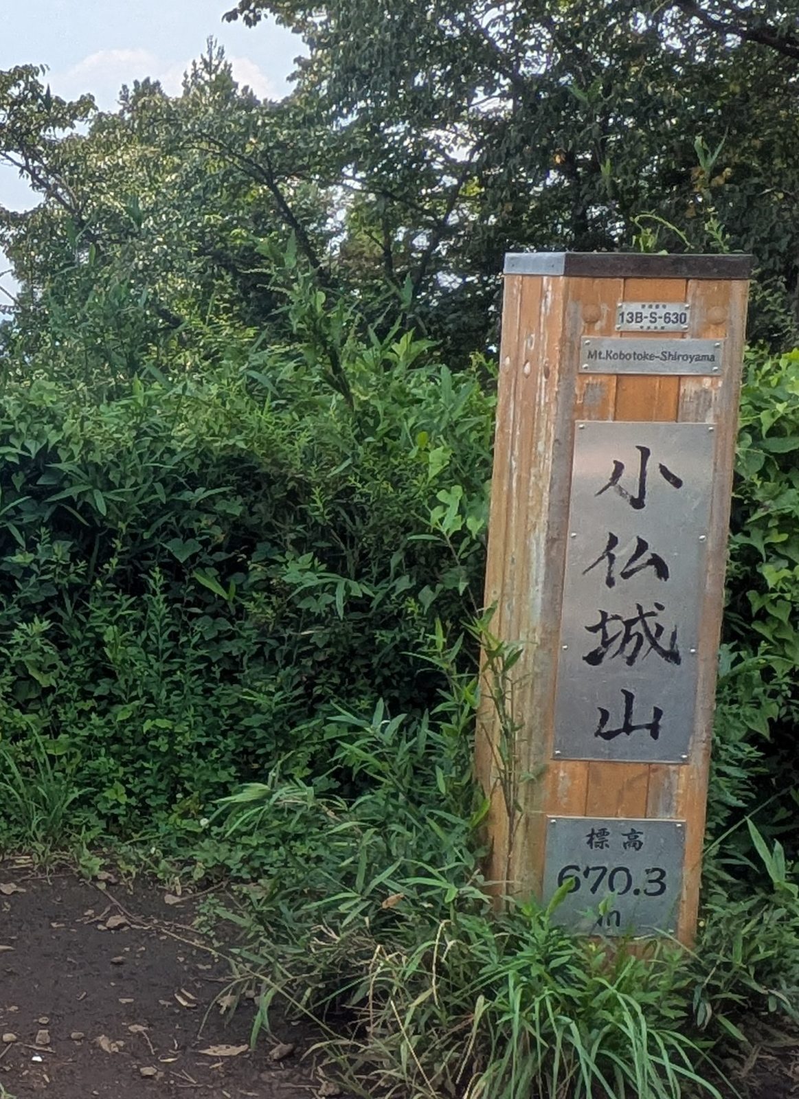 A wooden summit post with a metal plate showing Japanese characters with a romanised name above