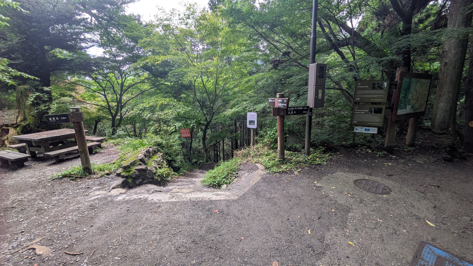 A flat clearing with wooden picnic tables benches trail signposts interpretive boards under trees