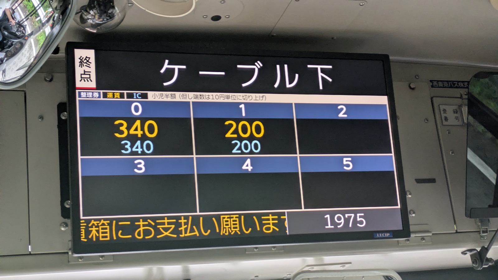 A bus fare display showing the destination Cable-shita with 340 under number zero