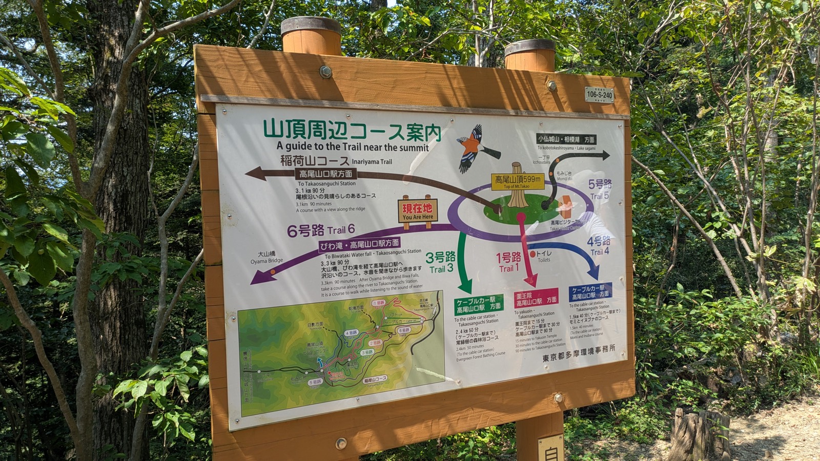 A large bilingual trail map board near the summit of Mount Takao showing distances for every route