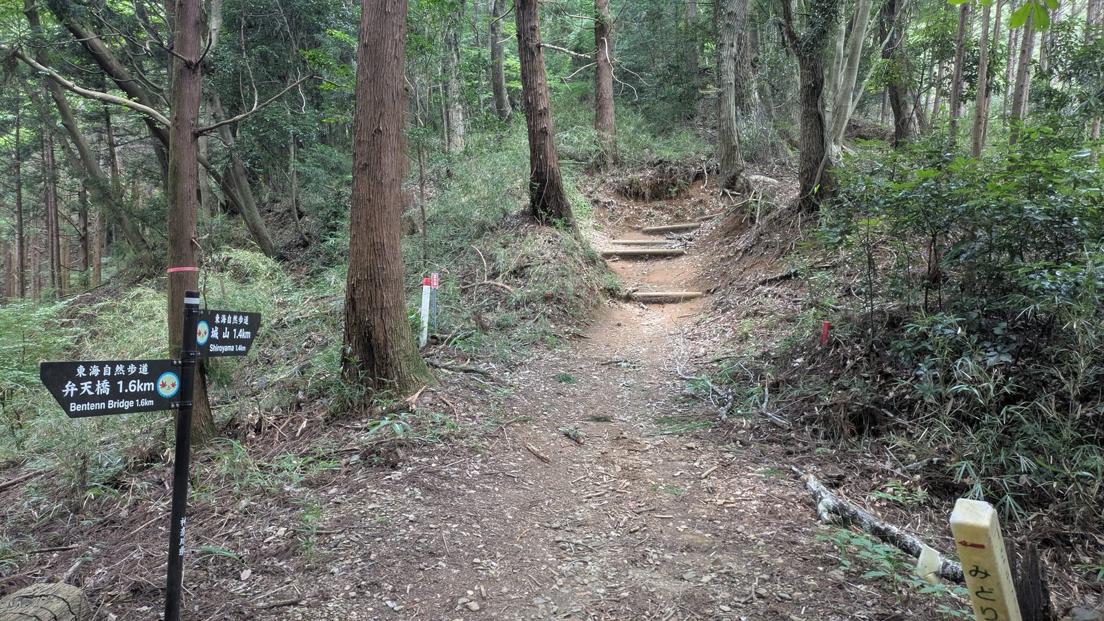 A black trail signpost in forest showing Japanese place names above romanised English