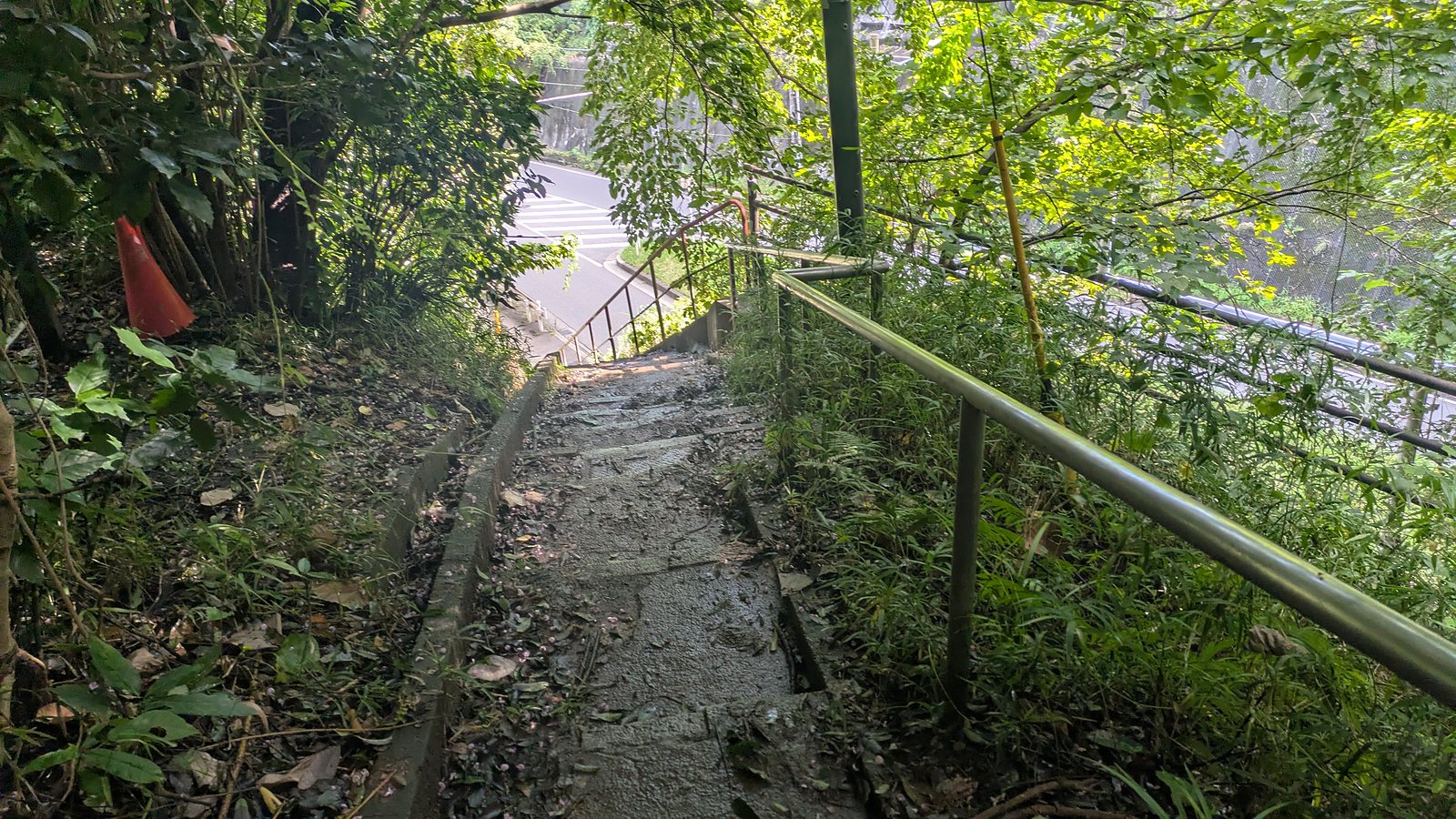 Steep steps with a handrail dropping directly onto a road