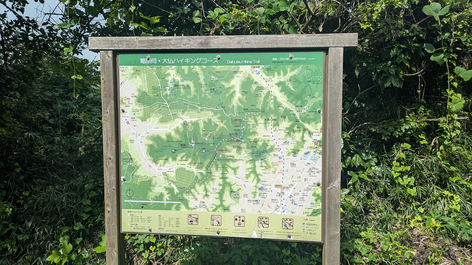 A large green trail board headed Daibutsu Hiking Trail with a map below it