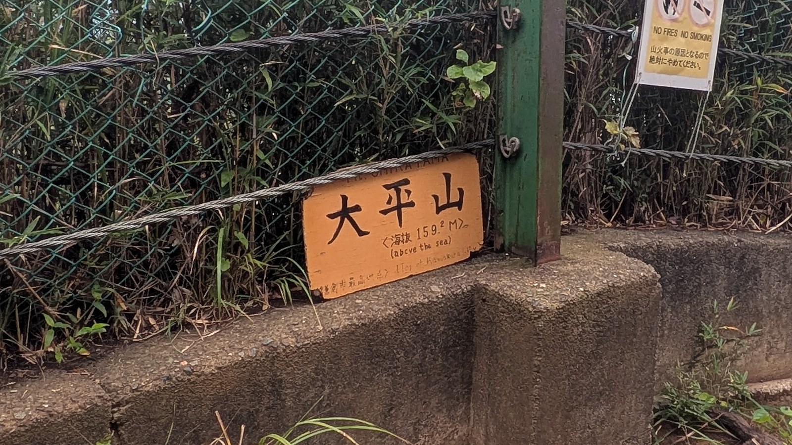 An orange summit sign reading Ohirayama 159.2 m above the sea and highest point in Kamakura