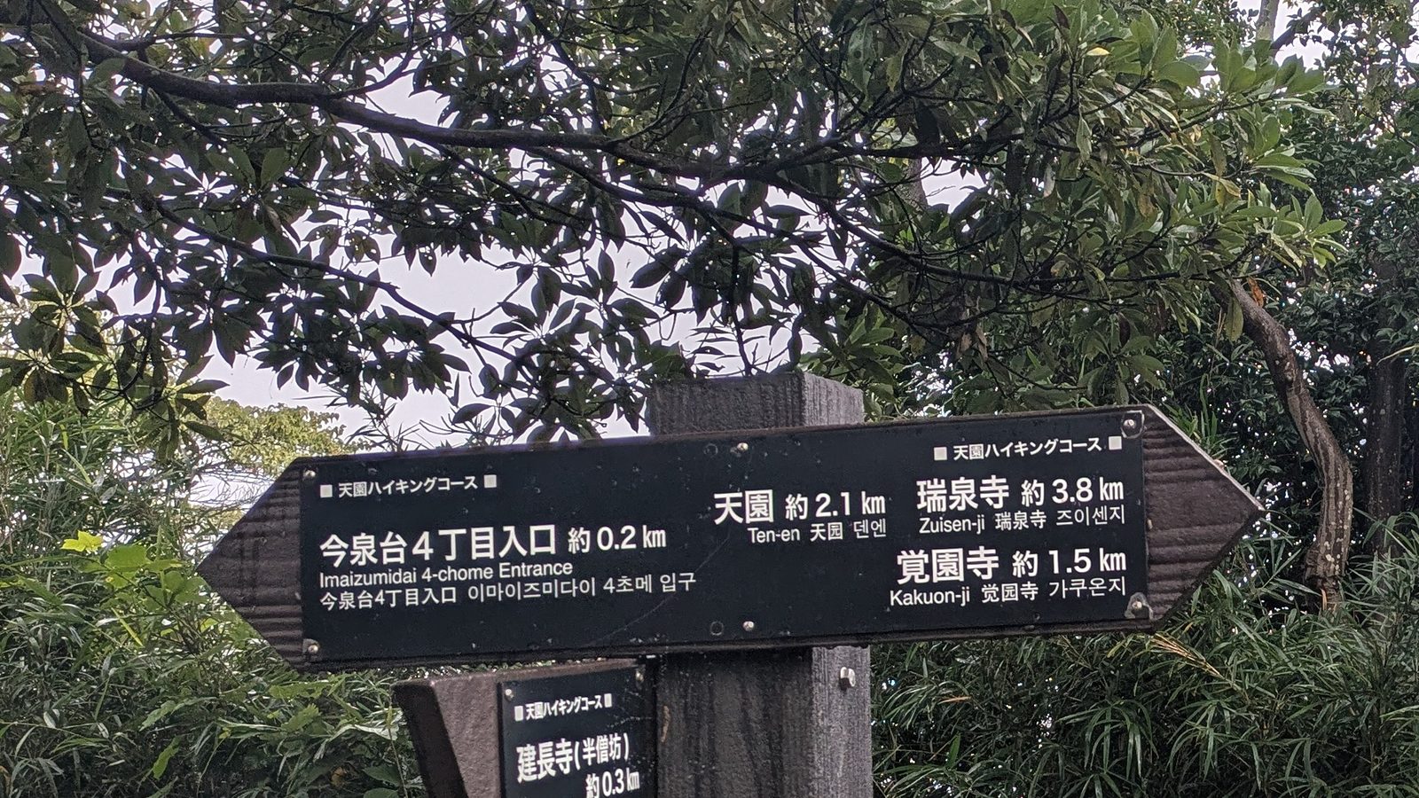 A trail signpost with Japanese, English and Korean text