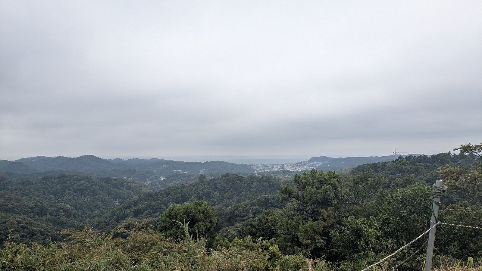 The view from the Tenen ridge over wooded hills towards Sagami Bay