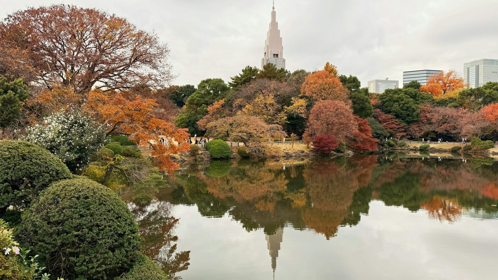 Orange and red autumn trees and the Docomo tower reflected in a still pond